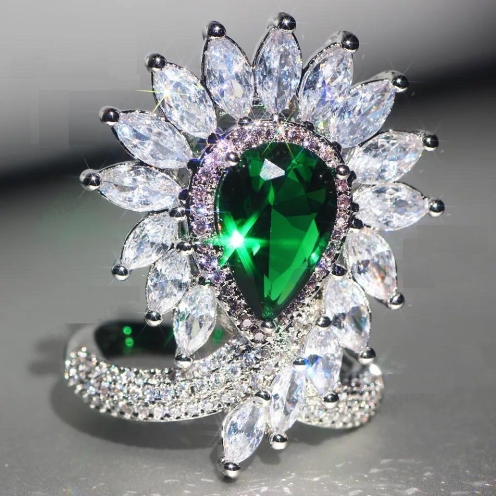 Huge Green Tear Drop Floral Cocktail Ring